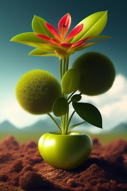 A green vase with a flower in it and a green plant in the background.