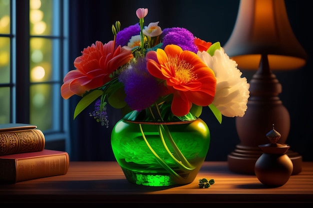 A green vase with flowers on it is on a table.