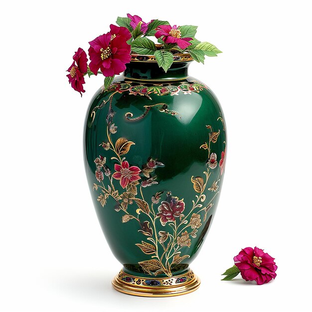 Photo a green vase with flowers on it and the word quot hibiscus quot on the bottom