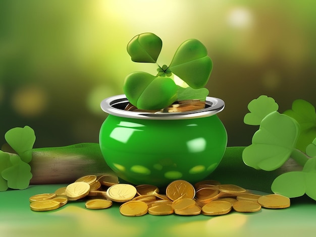 a green vase with gold coins and a green leaf on it