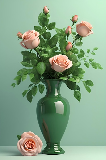 a green vase with pink roses and green leaves