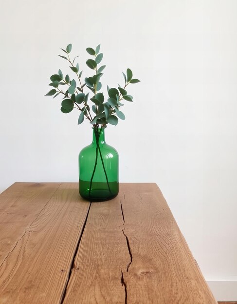 Photo a green vase with a plant in it sits on a wooden table