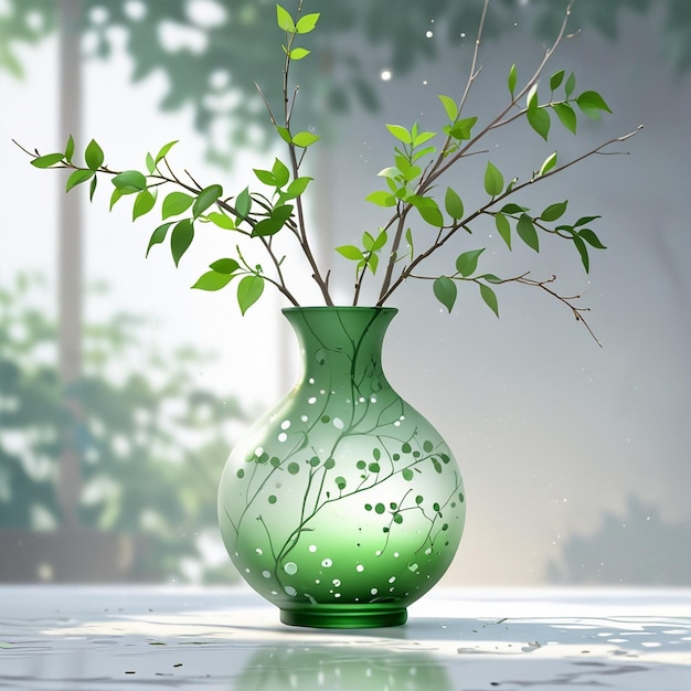 A green vase with a plant on it that has a green leaf on it