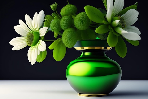 A green vase with white flowers in it and a black background.