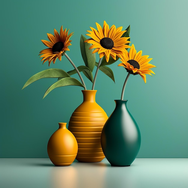 green vases with yellow sunflowers