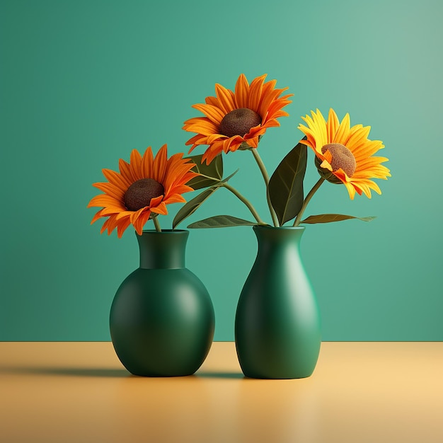 green vases with yellow sunflowers