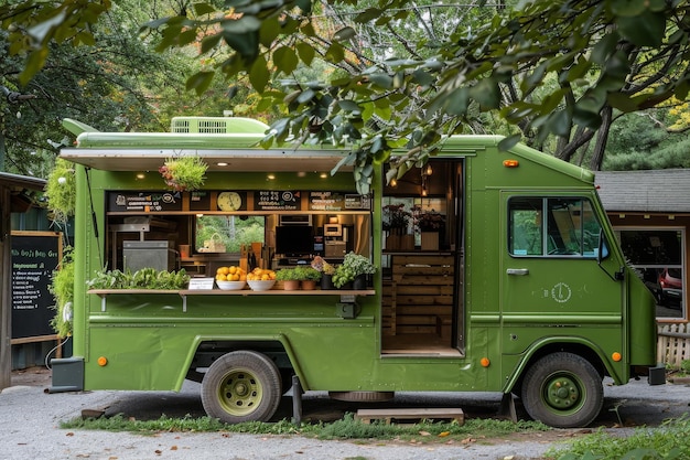 Photo a green vegan food truck prominently parked in a bustling parking lot a vegan food truck boasting a fresh green color scheme and ecofriendly touches