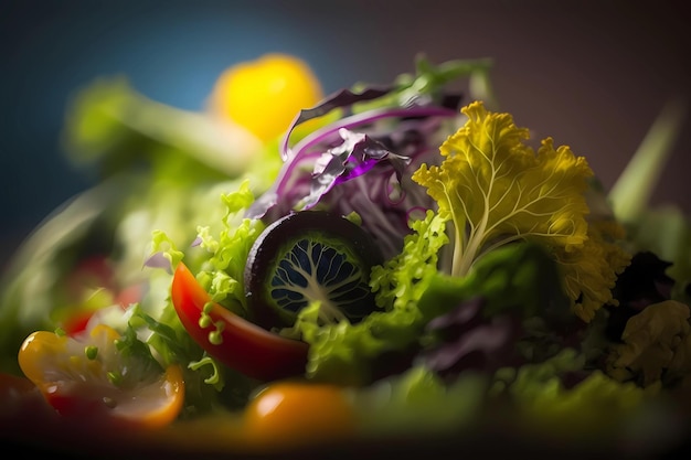 Green vegan salad from green leaves mix and vegetables Close up view on dark background