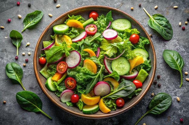 Green vegan salad from green leaves mix and vegetables Top view on gray stone table