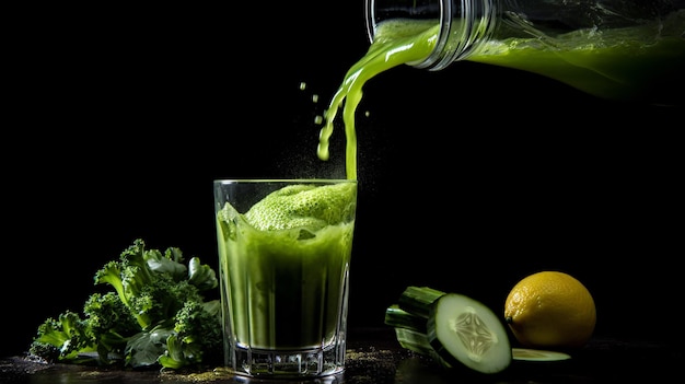 Green vegetable juice in a glass on a black background Closeup