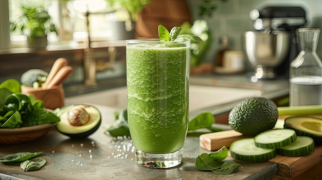 Green Vegetable Smoothie with Spinach Avocado and Cucumber Layers