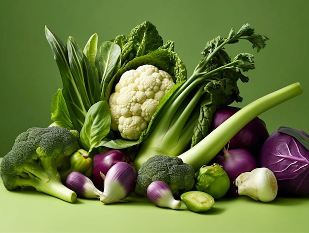 Green vegetables on purple background broccoli and leaf lettuce plant bazed vegan diet healthy