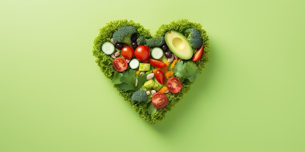 Green vegetables salad in heart shape Healthy romantic love concept top view