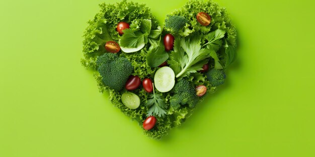 Photo green vegetables salad in heart shape healthy romantic love concept top view