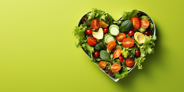 Green vegetables salad in heart shape Healthy romantic love concept top view