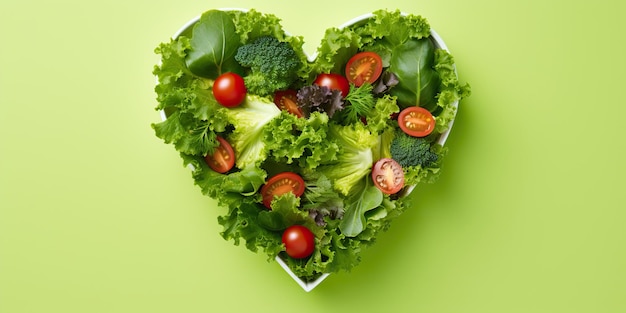 Green vegetables salad in heart shape Healthy romantic love concept top view