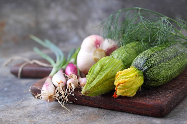 Green vegetables. zucchini, onions, dill, cucumber, garlic.