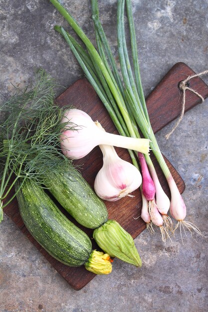 Green vegetables. zucchini, onions, dill, cucumber, garlic.