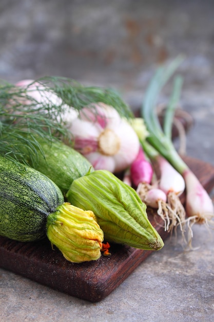 Green vegetables. zucchini, onions, dill, cucumber, garlic.