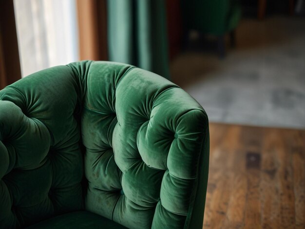 Photo green velour armchair in a restaurant closeup view from above texture mockup