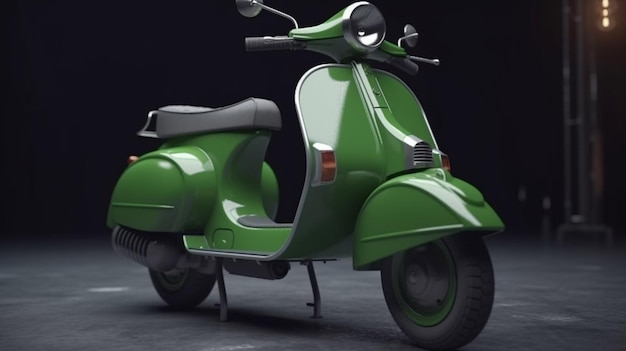 A green vespa scooter with the number 2 on the front.