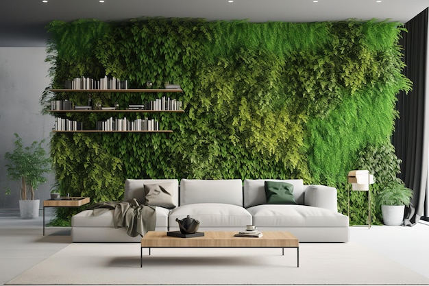 Green wall background minimalist sofa Living room with green armchair on empty Generative AI