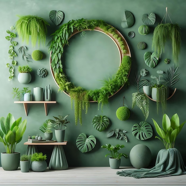 Photo green wall background with greenery