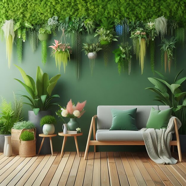 Photo green wall background with greenery