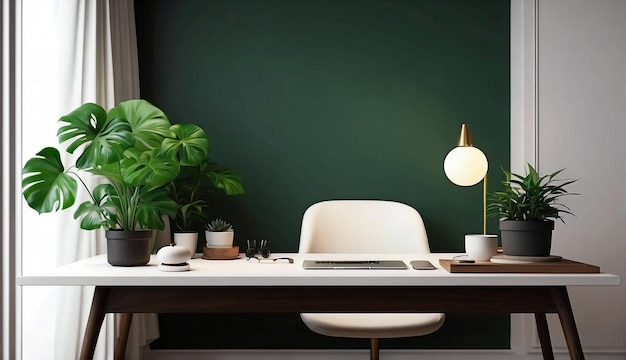 Photo a green wall behind a desk with a potted plant and a lamp