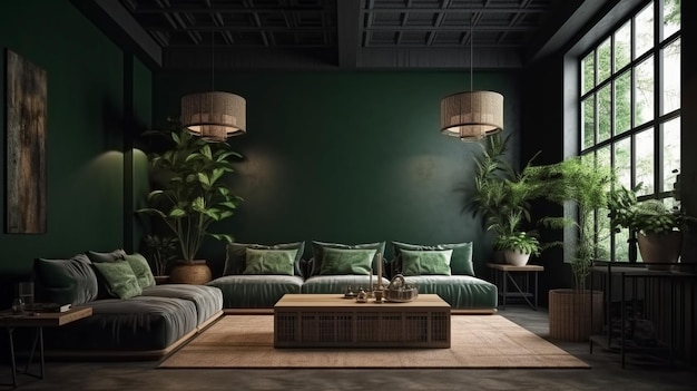 Green wall mock up in dark tones with green sofa and decoration minimal