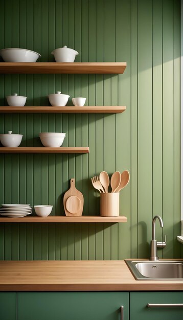 Green wall panelling with wooden shelf in kitchen room