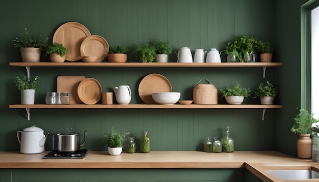 Green wall panelling with wooden shelf in kitchen room