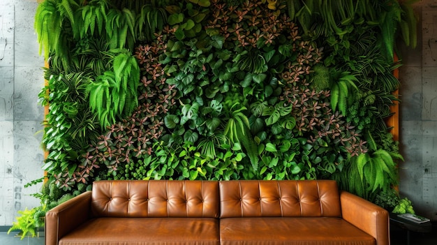 Photo green wall with brown leather sofa