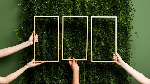 Photo a green wall with four frames that say square