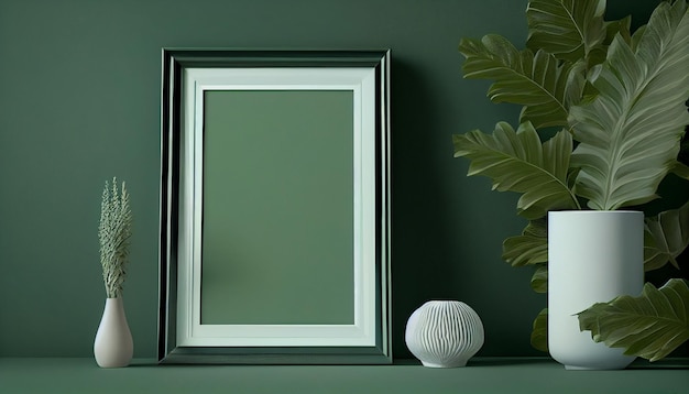 A green wall with a frame and a plant on it.