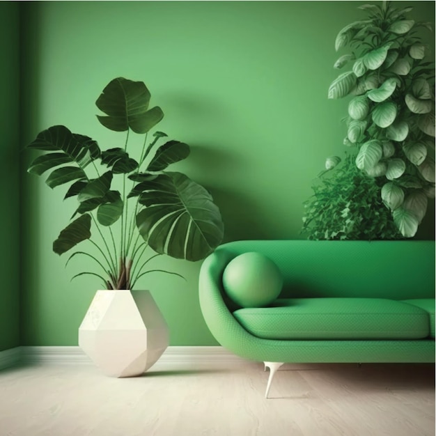 A green wall with a green couch and a plant in it