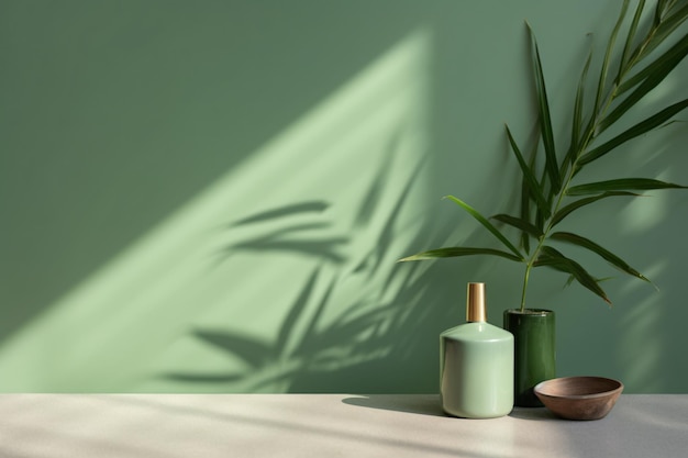 Green wall with a green plant and a bottle of perfume on it.