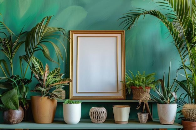 a green wall with a picture frame that says quot potted plants quot