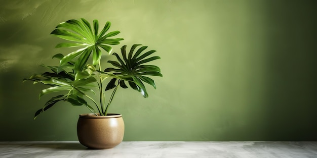 A green wall with a plant in it