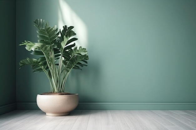 A green wall with a plant in it