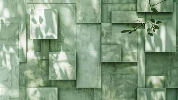 A green wall with squares of different sizes and textures background is a white wall with geomet