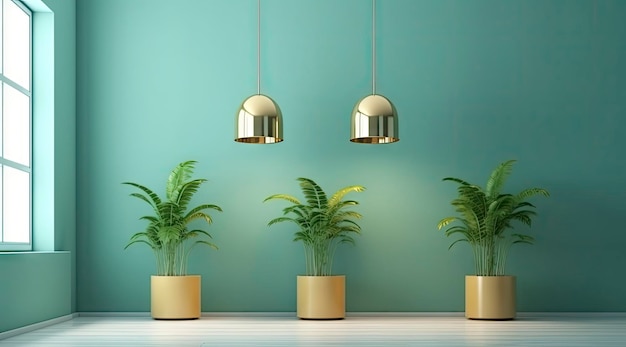 A green wall with three lamps on it, one of which is green and the other has a gold shade.