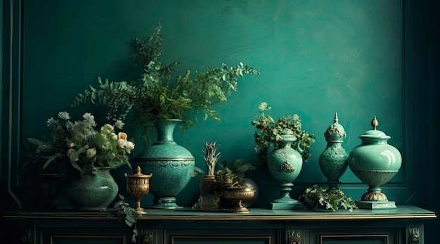 A green wall with vases of flowers and plants.