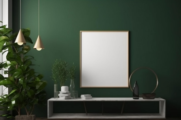 A green wall with a white frame and a plant on it.