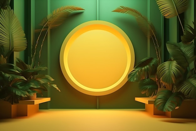 A green wall with a yellow circle and a green background with plants.