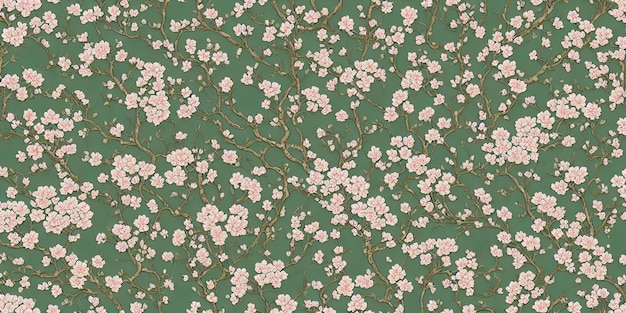 A green wallpaper with pink flowers and branches.