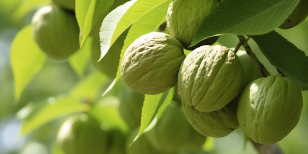 Green walnuts on a tree in a garden