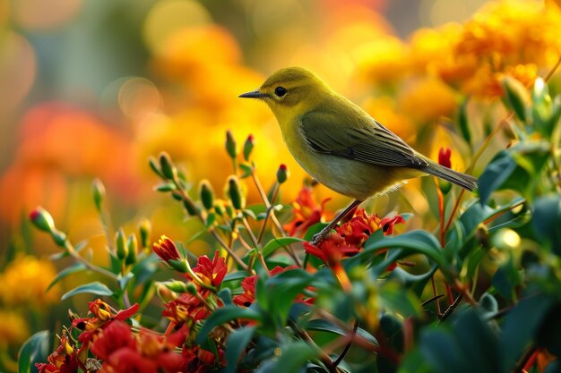 Photo green warbler are perched among brightly colored flowers