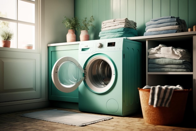 Green washer sitting next to stack of towels in room Generative AI