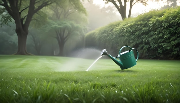 Photo a green watering can with a watering can in the grass